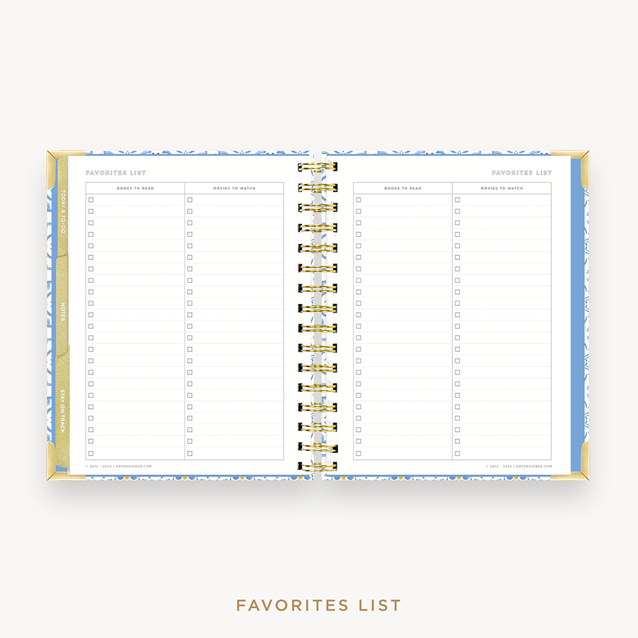 Day Designer's 2023 Weekly Mini Planner Casa Bella with movie and book tracking page.