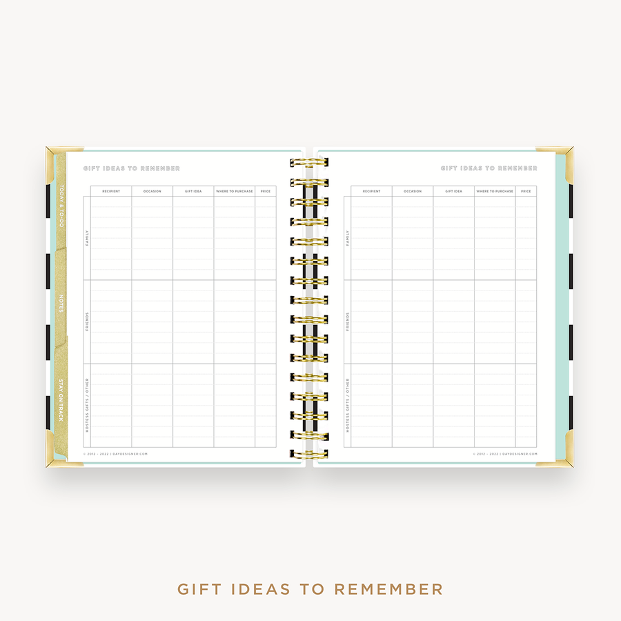 Day Designer's 2023 Weekly Mini Planner Black Stripe with holiday gift planning page.