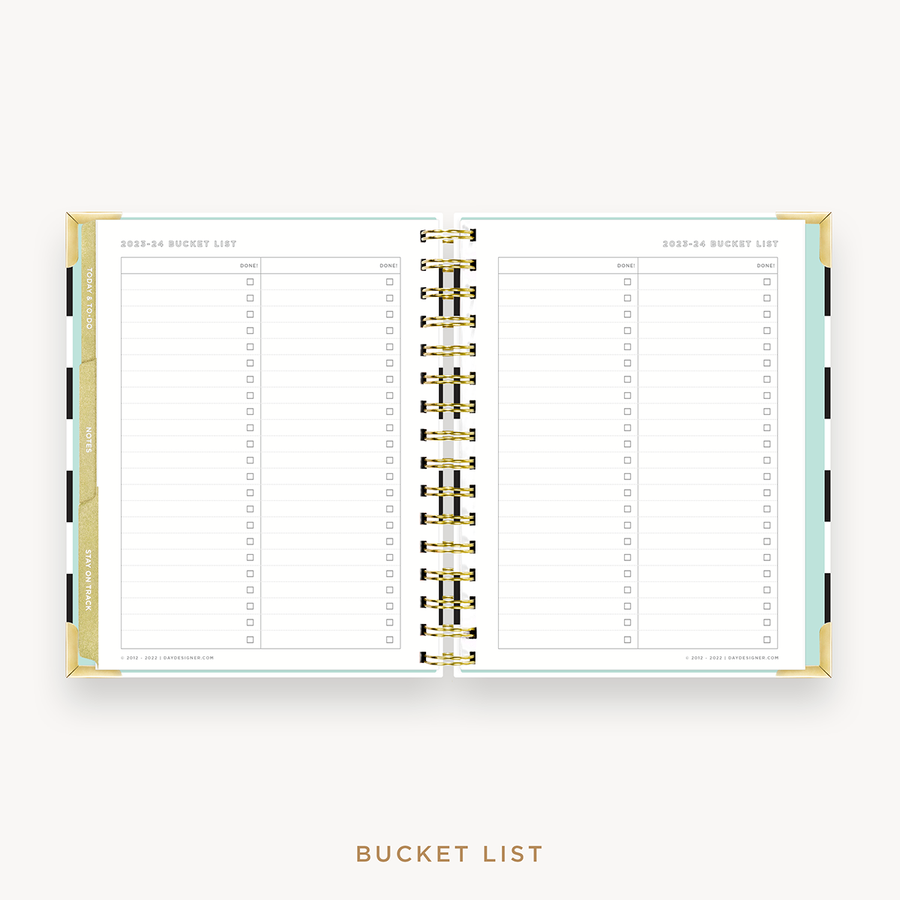 Day Designer's 2023 Weekly Mini Planner Black Stripe with 2023-2024 bucket list page.