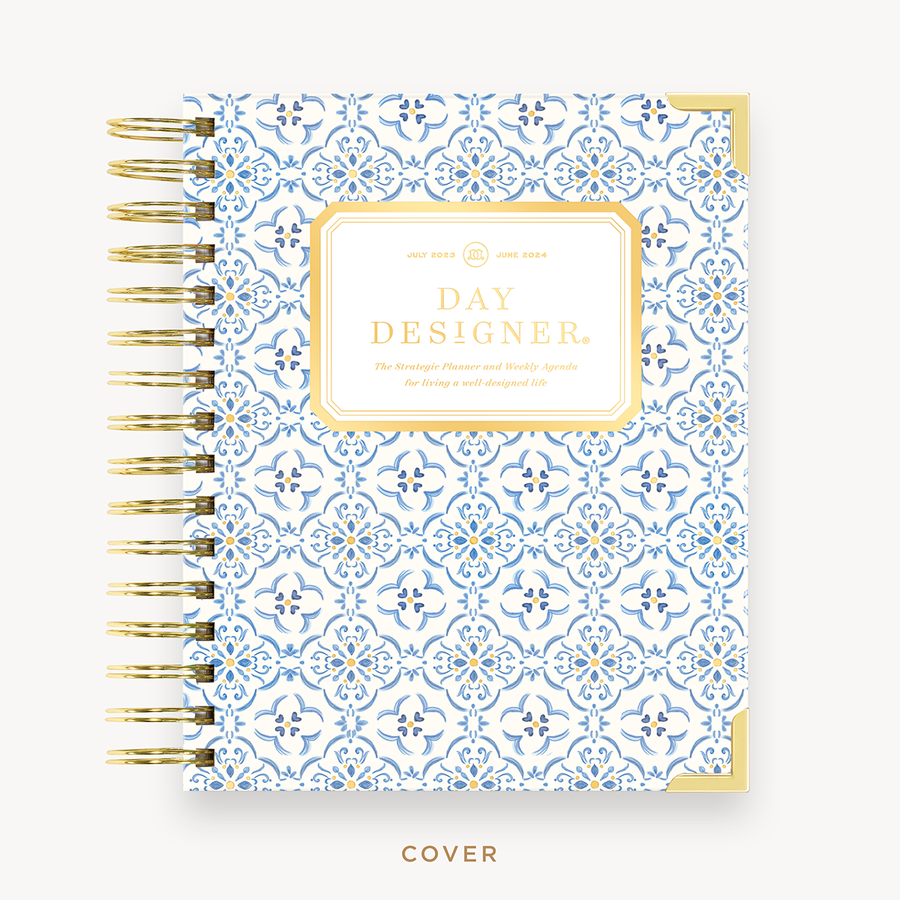 Day Designer's 2023 Weekly Mini Planner with Casa Bella hard cover and gold spiral binding.