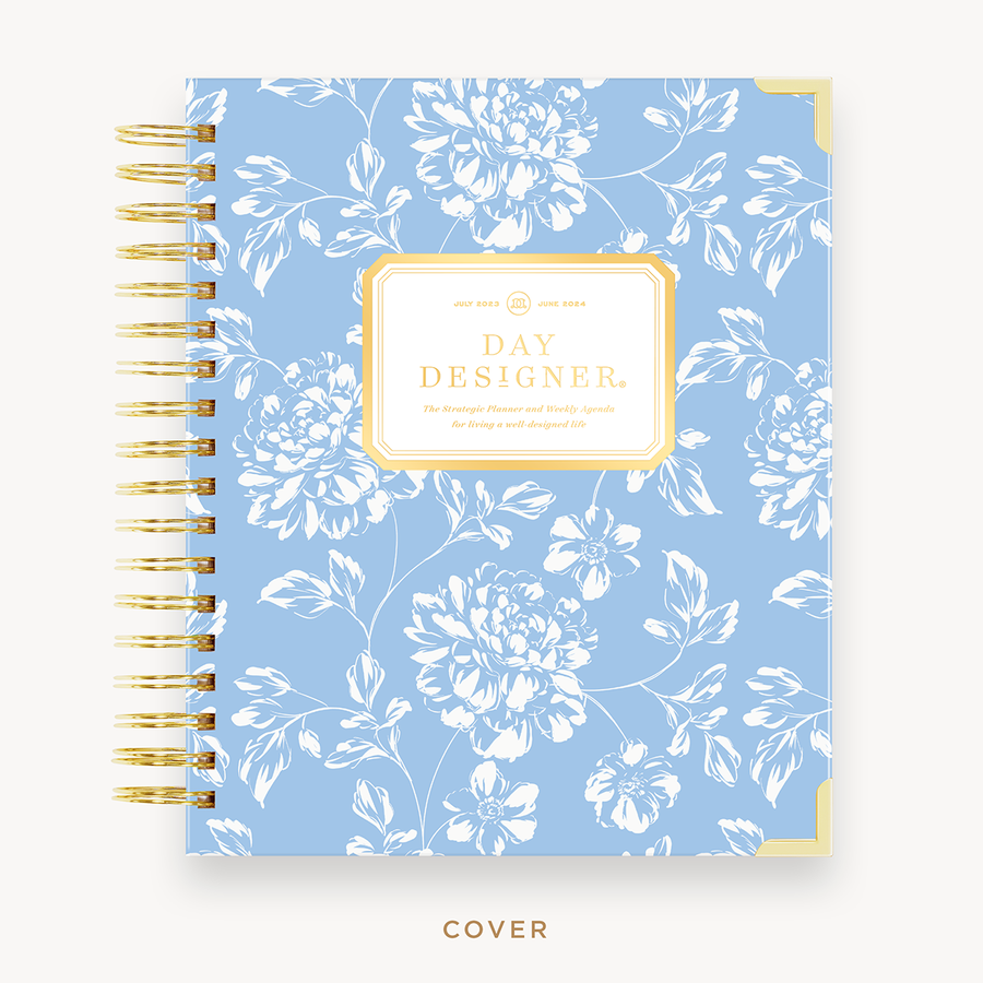 Day Designer's 2023 Weekly Planner with Annabel hard cover and gold spiral binding.