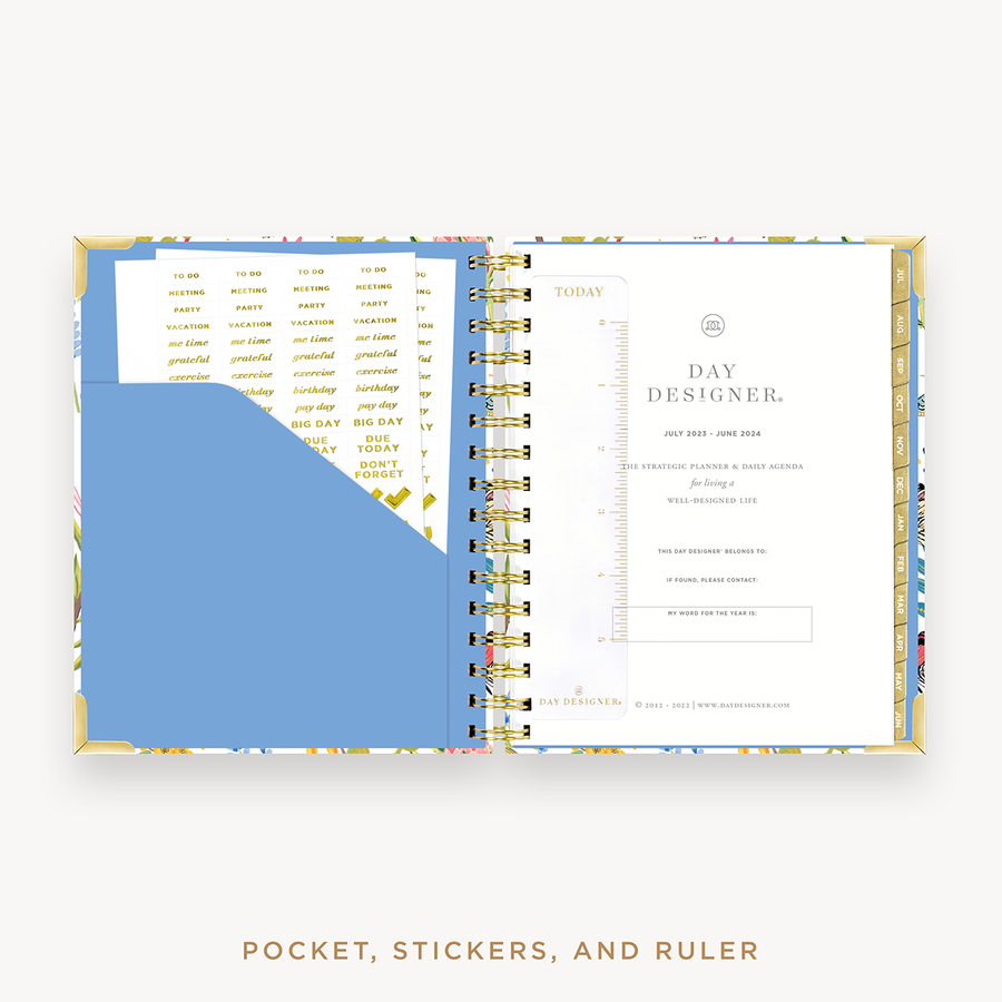 Day Designer's 2023-24 Daily Mini Planner Flutter with pocket sleeve and gold stickers.