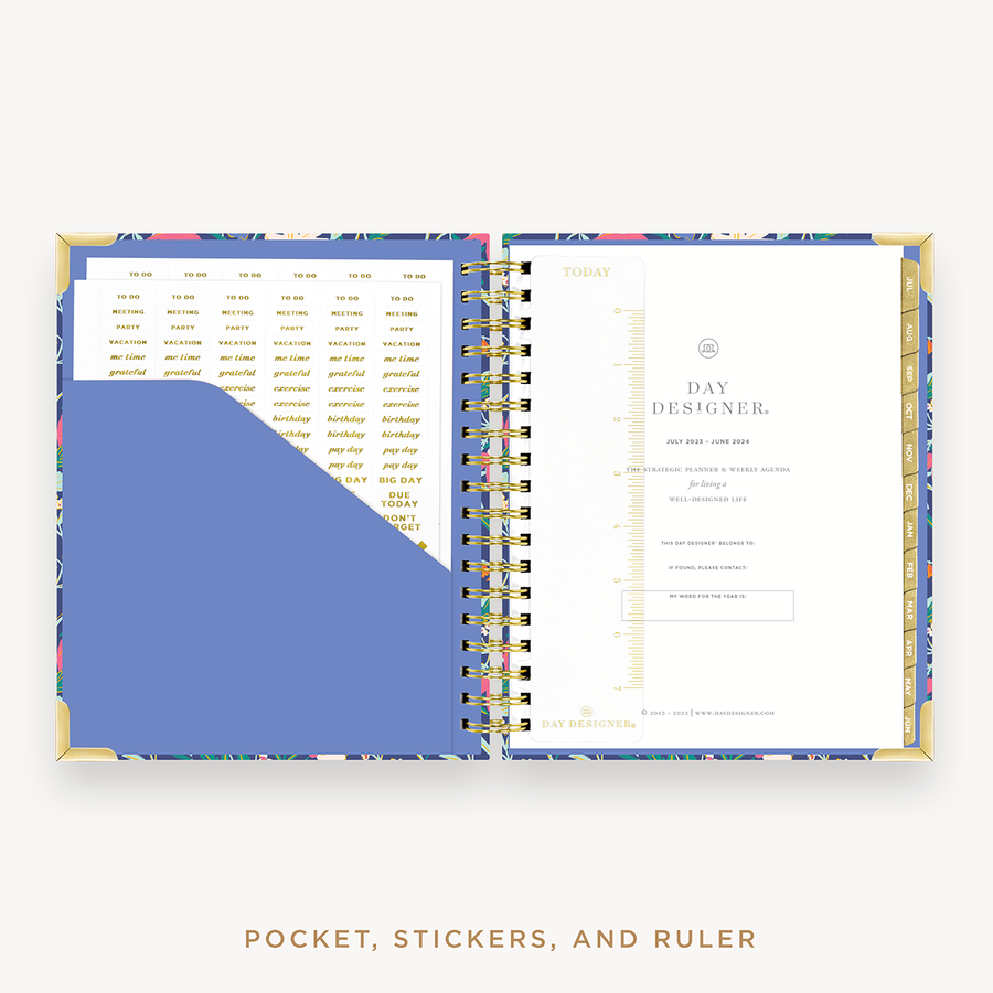 Day Designer's 2023-24 Weekly Planner Wildflowers with pocket sleeve and gold stickers.