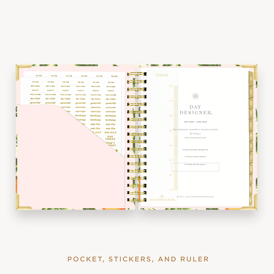 Day Designer's 2023-24 Weekly Planner Orange Blossom with pocket sleeve and gold stickers.