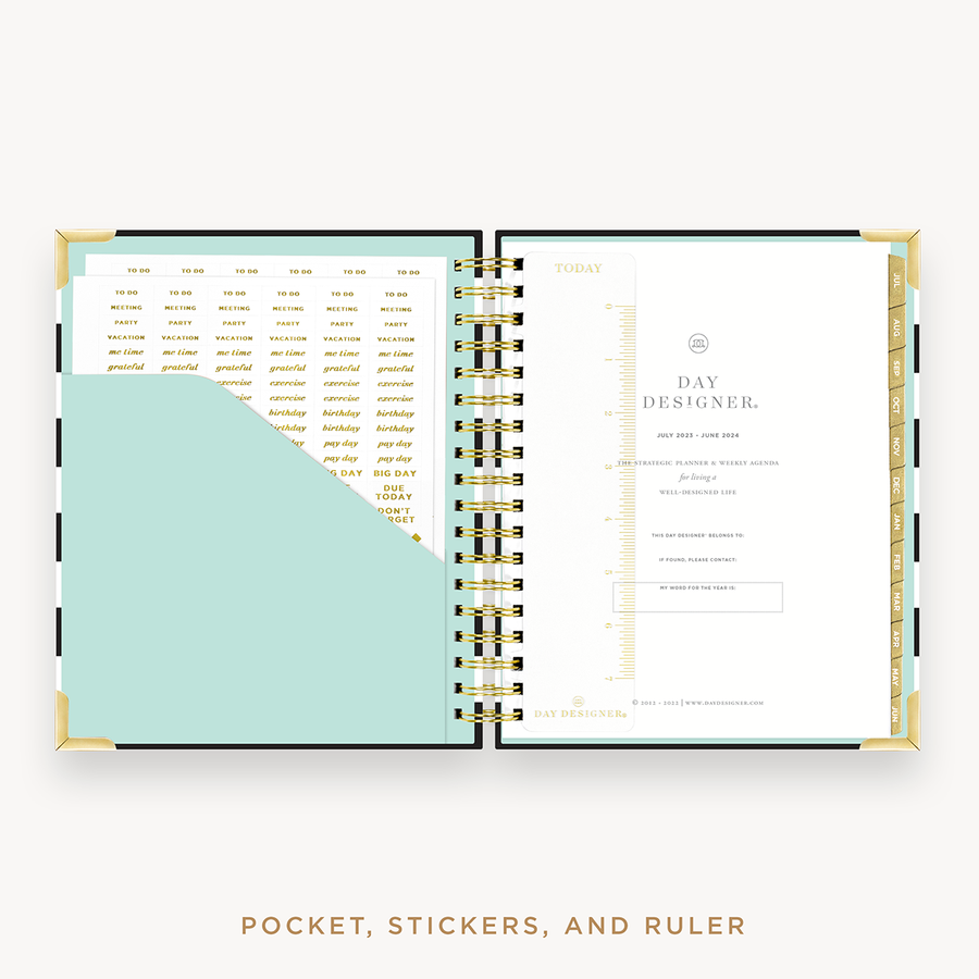 Day Designer's 2023 Weekly Planner Black Stripe with pocket sleeve and gold stickers.