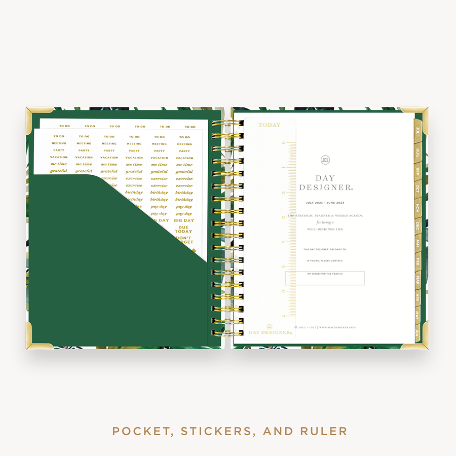 Day Designer's 2023 Weekly Planner Bali with pocket sleeve and gold stickers.