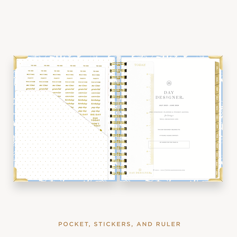 Day Designer's 2023 Weekly Planner Annabel with pocket sleeve and gold stickers.