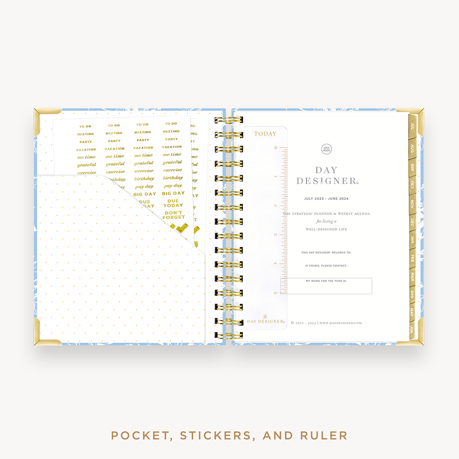 Day Designer's 2023 Weekly Mini Planner Annabel with pocket sleeve and gold stickers.