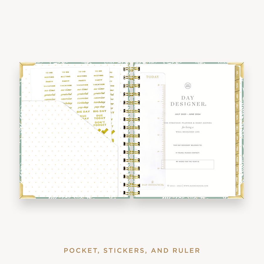 Day Designer's 2023-24 Daily Mini Planner Graceful with pocket sleeve and gold stickers.