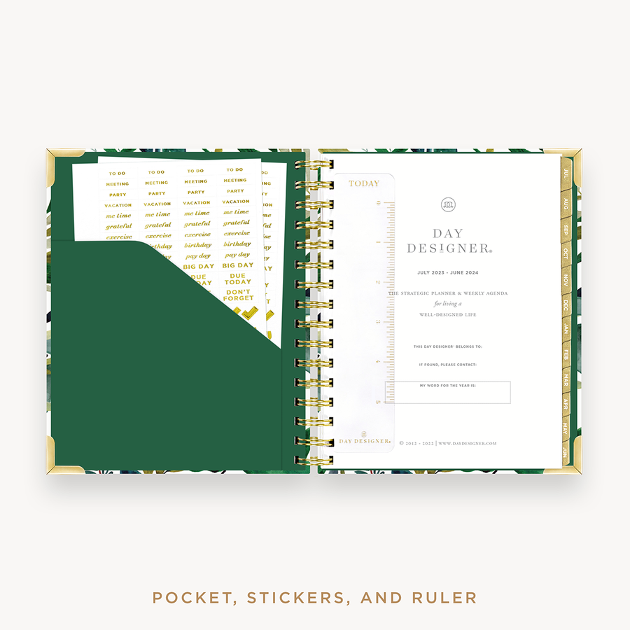 Day Designer's 2023 Weekly Mini Planner Bali with pocket sleeve and gold stickers.