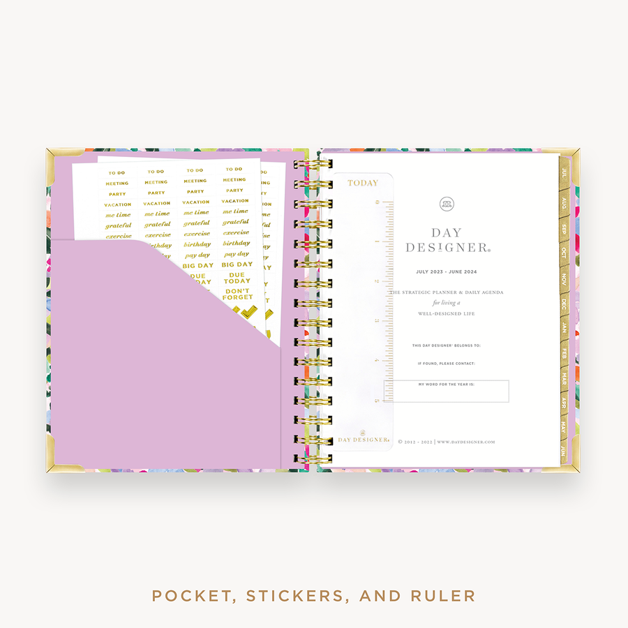 Day Designer's 2023 Daily Mini Planner Blurred Spring with pocket sleeve and gold stickers.
