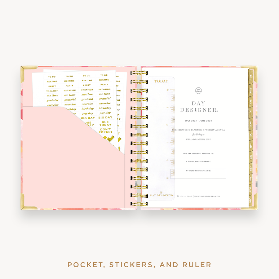 Day Designer's 2023 Weekly Mini Planner Sunset with pocket sleeve and gold stickers.