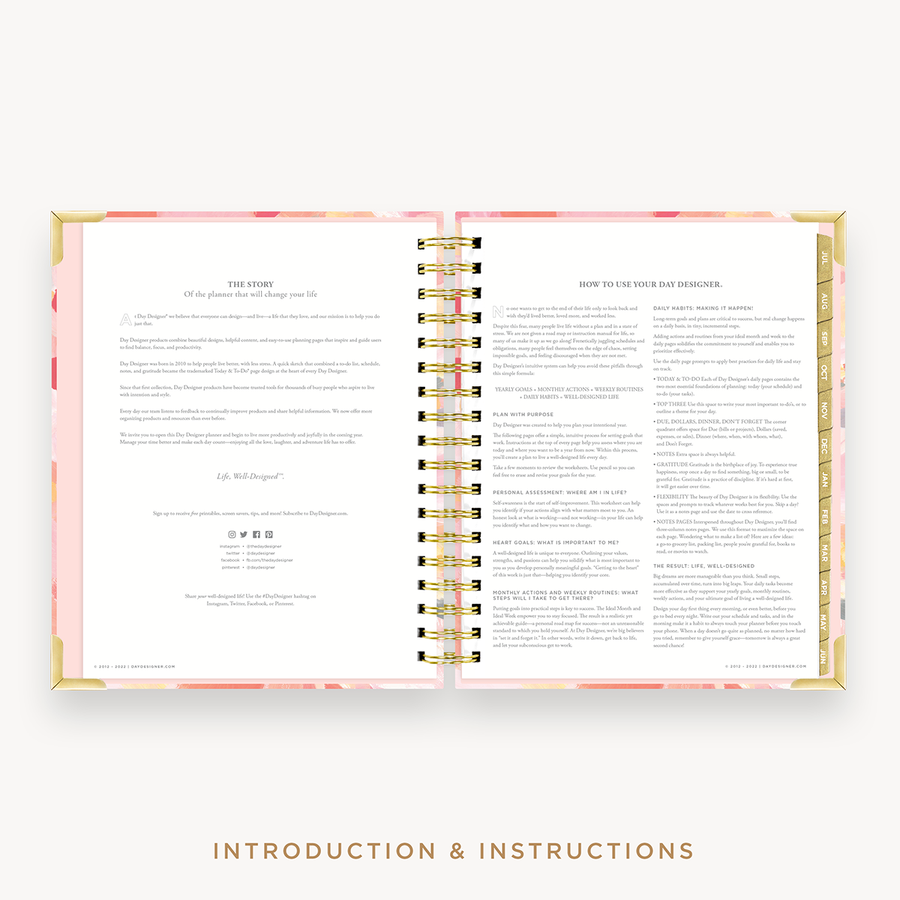 Day Designer's 2023 Weekly Planner Sunset with Company Story page and planner how-to guide.