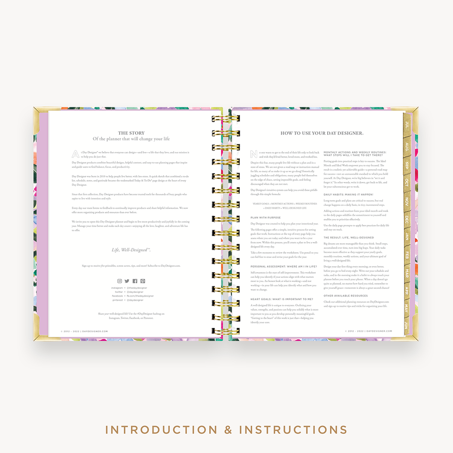 Day Designer's 2023 Daily Mini Planner Blurred Spring with Company Story page and "how-to" planner guide.