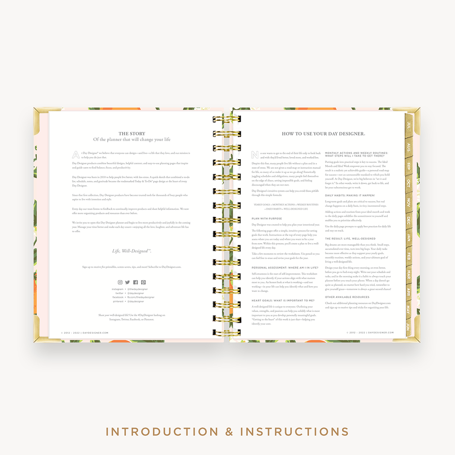 Day Designer's 2023-24 Daily Mini Planner Orange Blossom with Company Story page and "how-to" planner guide.