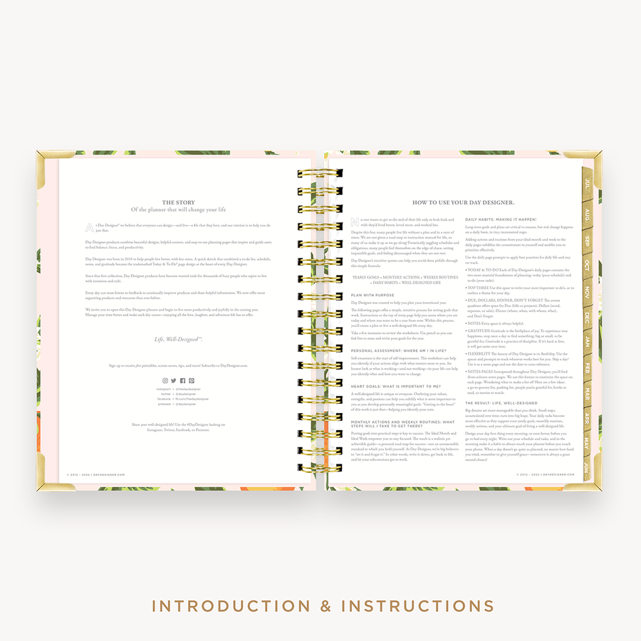 Day Designer's 2023-24 Weekly Planner Orange Blossom with Company Story page and planner how-to guide.