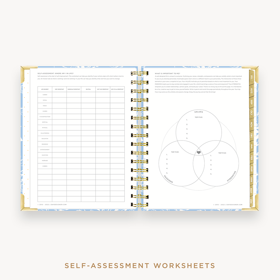 Day Designer's 2023 Weekly Mini Planner Annabel with self-assessment and values worksheet.