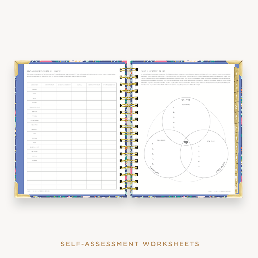 Day Designer's 2023-24 Weekly Planner Wildflowers with self-assessment and values worksheet.