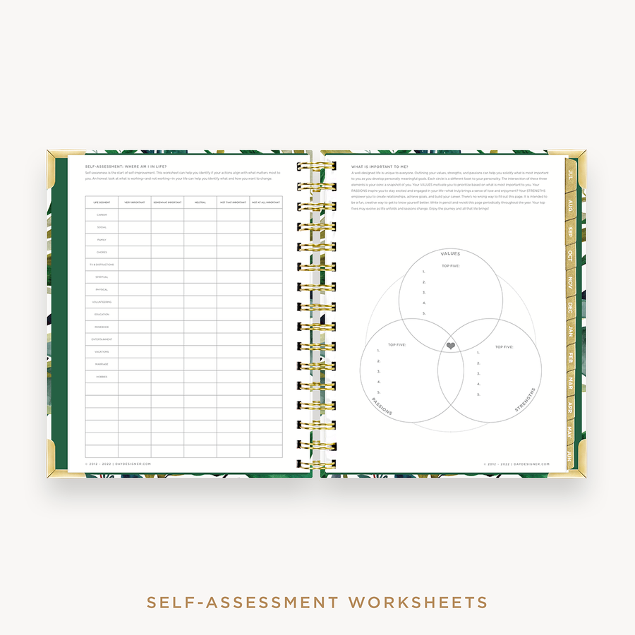 Day Designer's 2023 Weekly Mini Planner Bali with self-assessment and values worksheet.