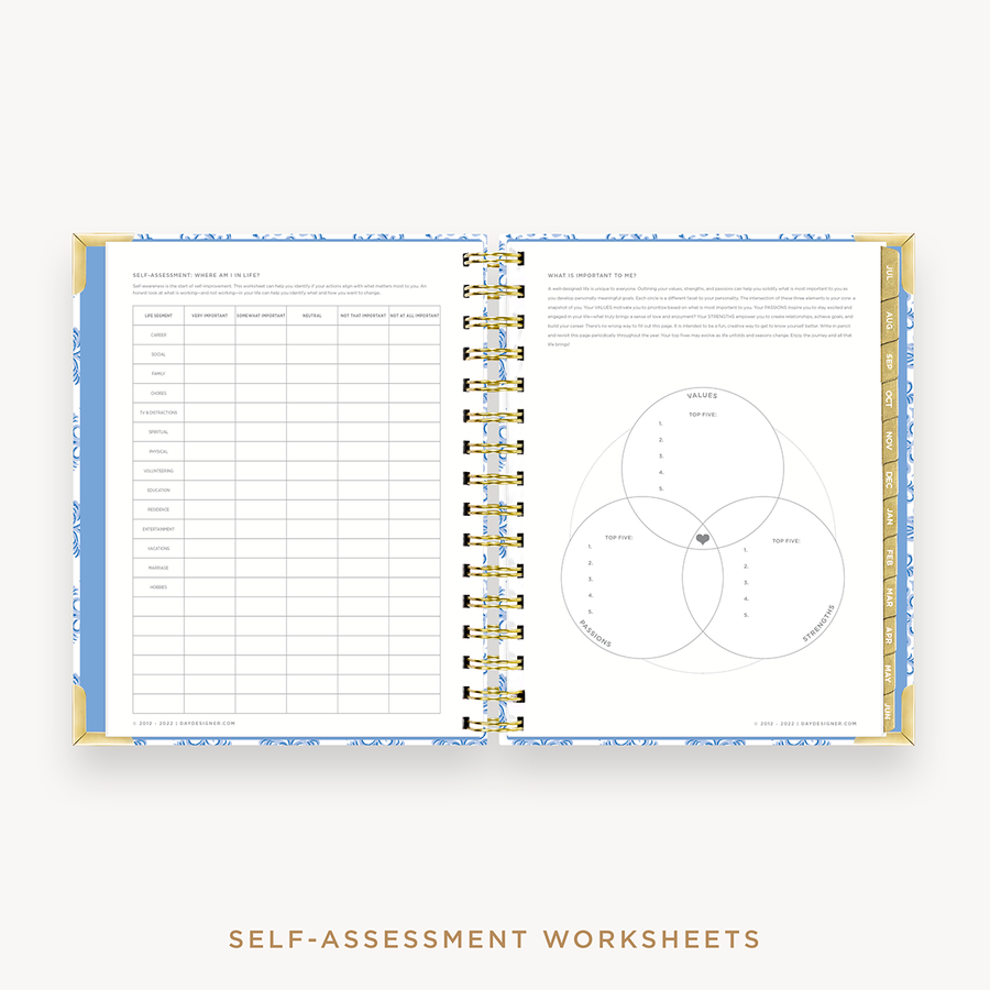 Day Designer's 2023-24 Daily Mini Planner Serenity Tile with self-assessment and values worksheet.