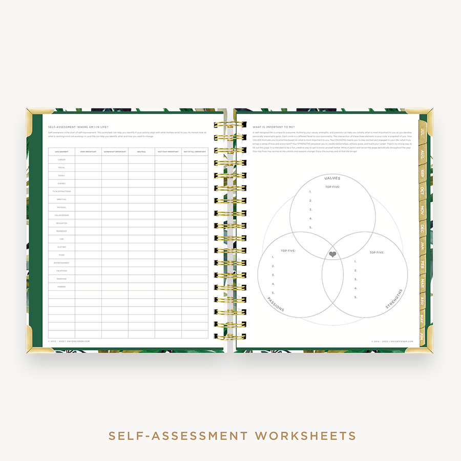Day Designer's 2023 Weekly Planner Bali with self-assessment and values worksheet.