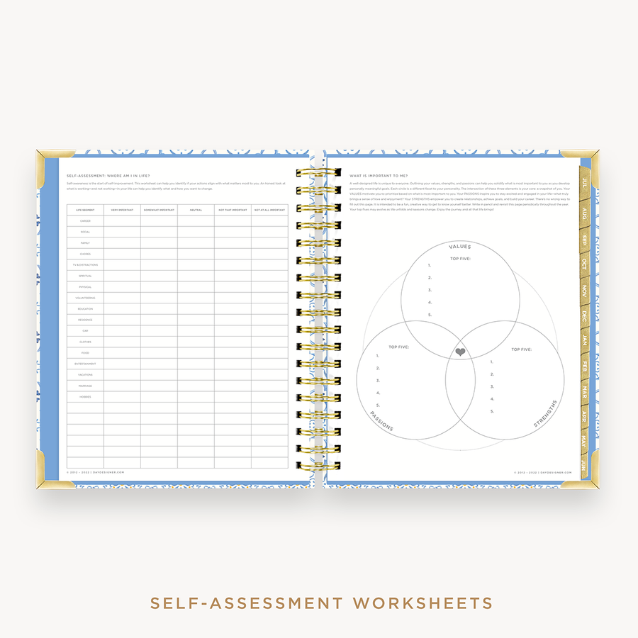 Day Designer's 2023 Weekly Planner Casa Bella with self-assessment and values worksheet.
