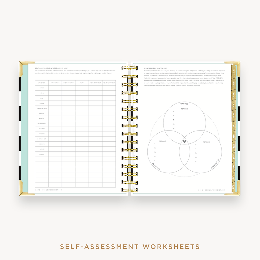 Day Designer's 2023 Weekly Mini Planner Black Stripe with self-assessment and values worksheet.
