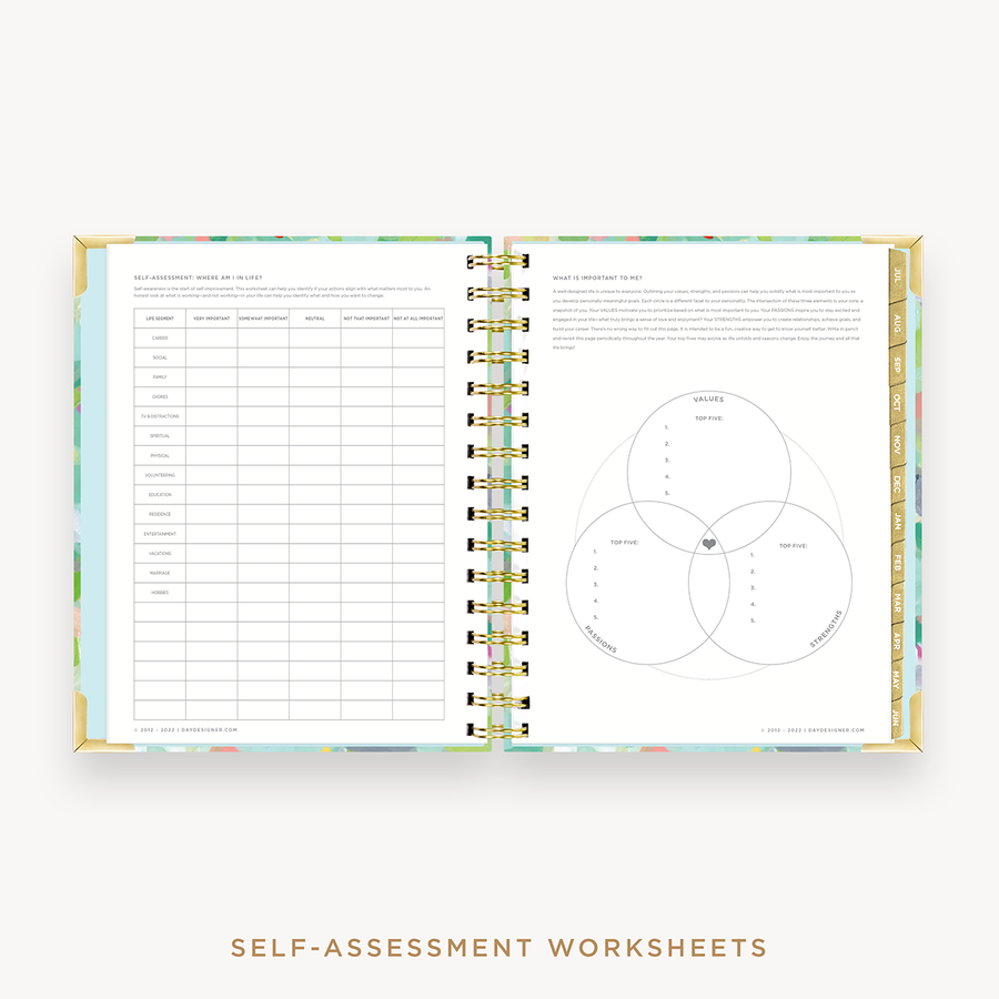 Day Designer's 2023-24 Daily Mini Planner Monet with self-assessment and values worksheet.