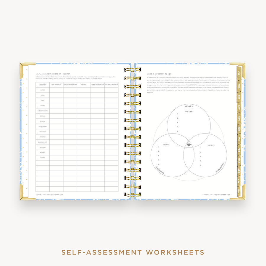Day Designer's 2023 Daily Mini Planner Annabel with self-assessment and values worksheet.