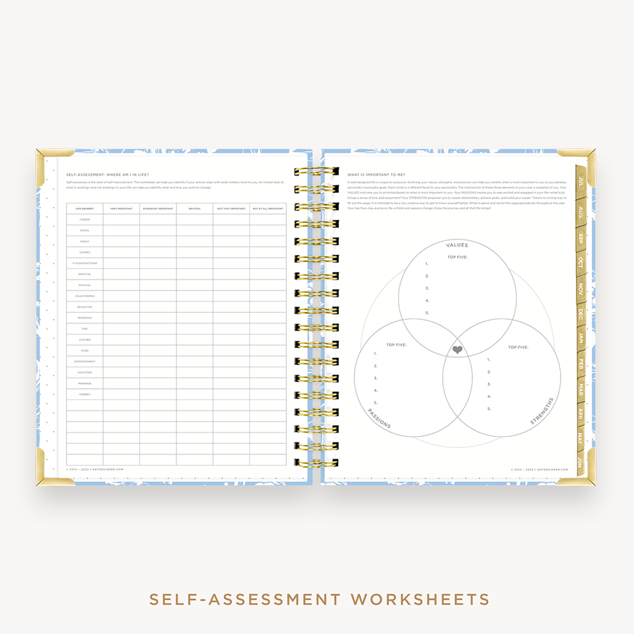 Day Designer's 2023 Weekly Planner Annabel with self-assessment and values worksheet.