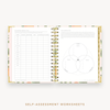Day Designer's 2023-24 Daily Mini Planner Orange Blossom with self-assessment and values worksheet.