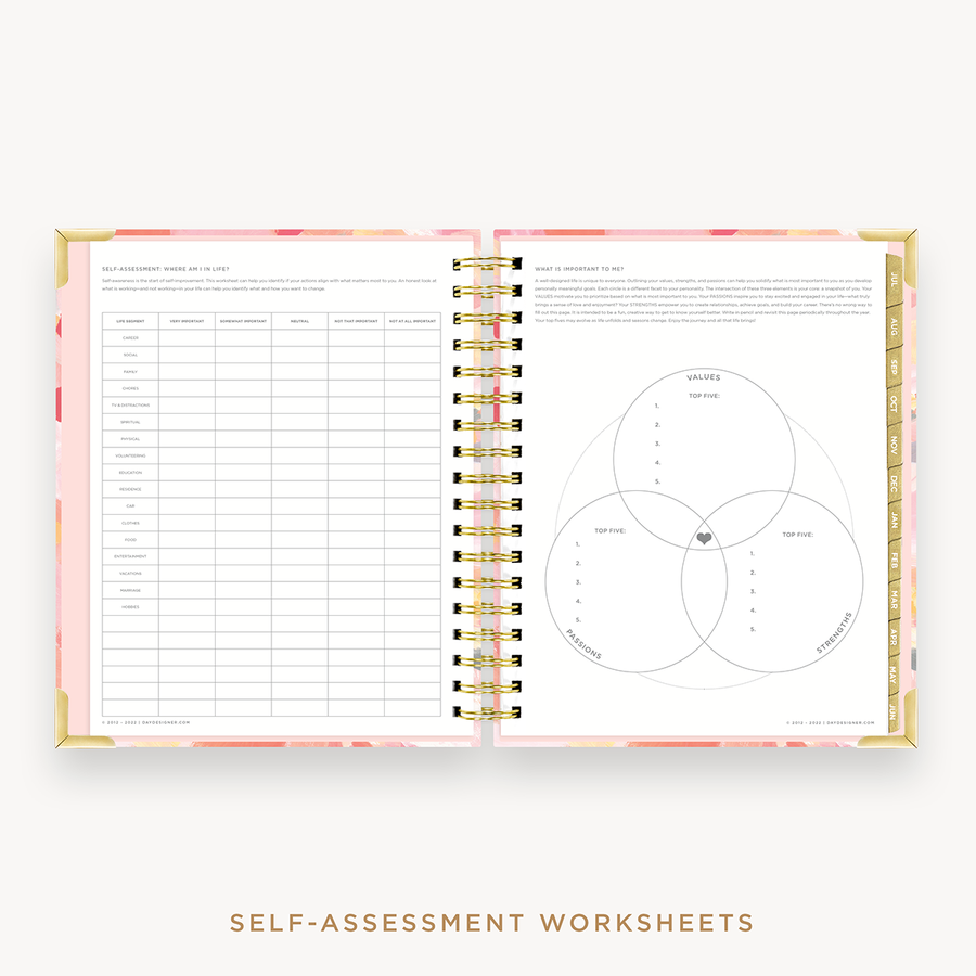Day Designer's 2023 Weekly Planner Sunset with self-assessment and values worksheet.