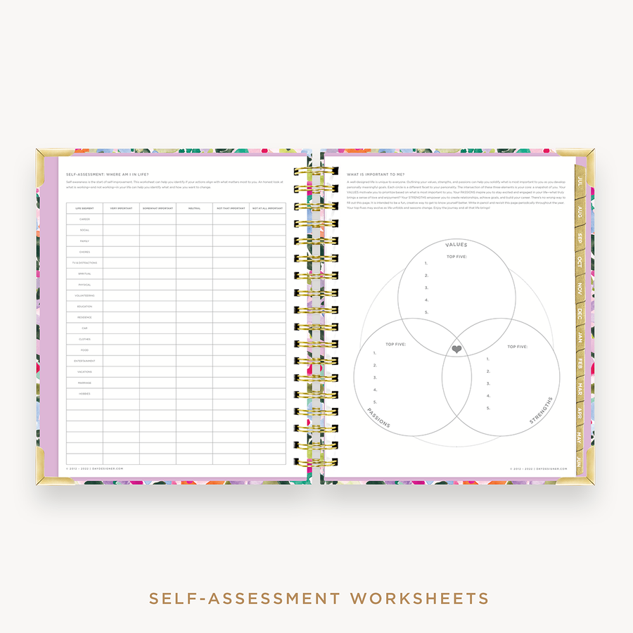 Day Designer's 2023 Weekly Planner Blurred Spring with self-assessment and values worksheet.