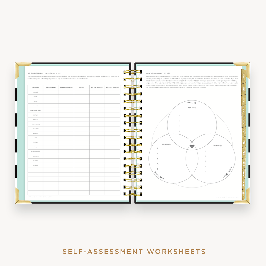Day Designer's 2023 Weekly Planner Black Stripe with self-assessment and values worksheet.