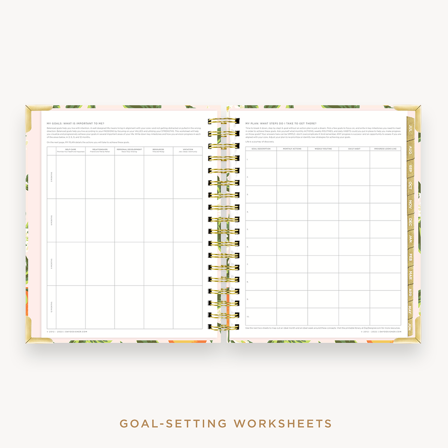 Day Designer's 2023-24 Weekly Planner Orange Blossom with goals worksheet.