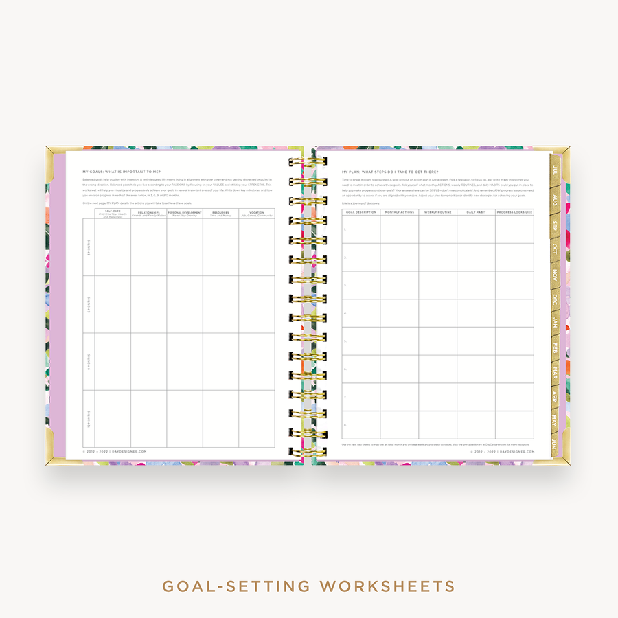 Day Designer's 2023 Daily Mini Planner Blurred Spring with goals worksheet.