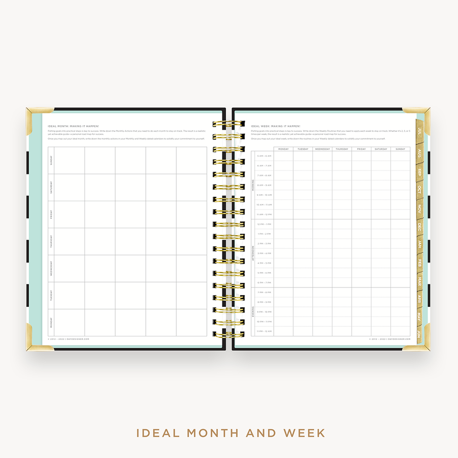 Day Designer's 2023 Weekly Planner Black Stripe with ideal month and week worksheet.