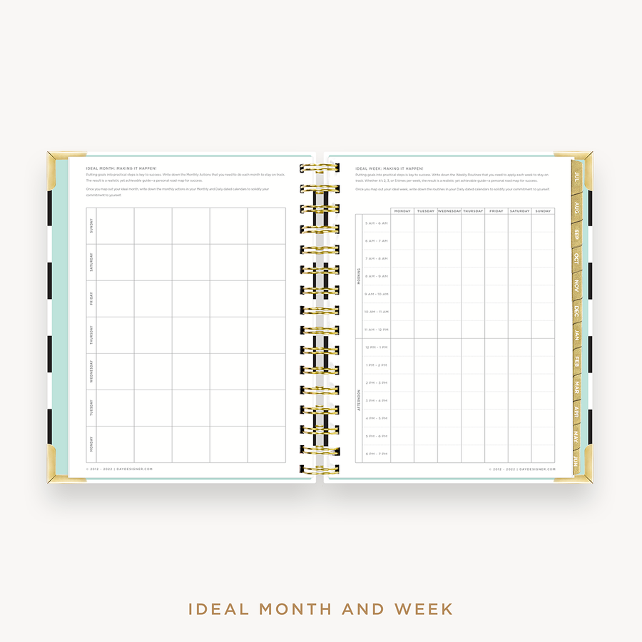 Day Designer's 2023 Weekly Mini Planner Black Stripe with ideal month and week worksheet.