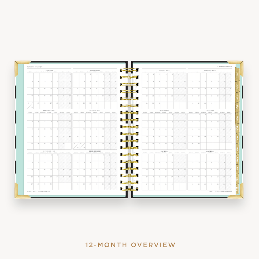 Day Designer's 2023 Weekly Planner Black Stripe with a two-page spread of the 2023-2024 calendar year.