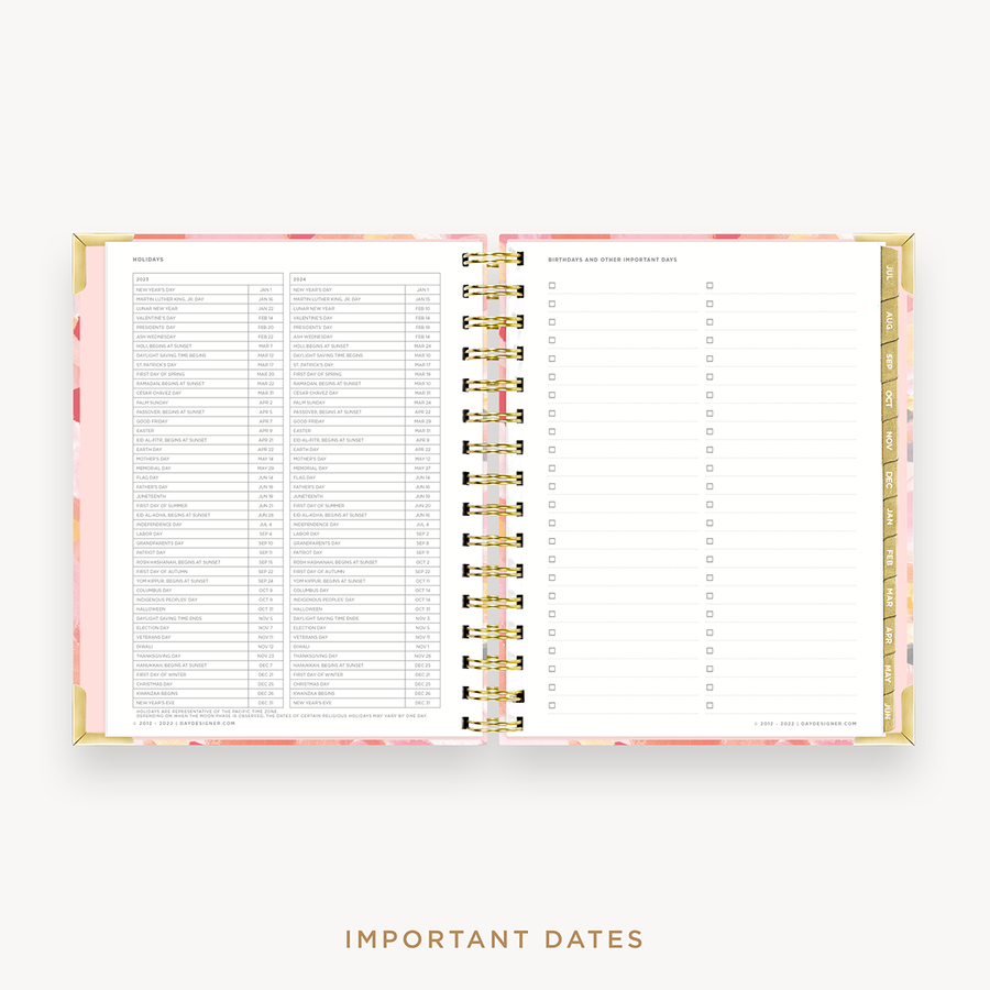 Day Designer's 2023 Daily Mini Planner Sunset with dates for 2023-2024 Holiday's and birthday tracker.