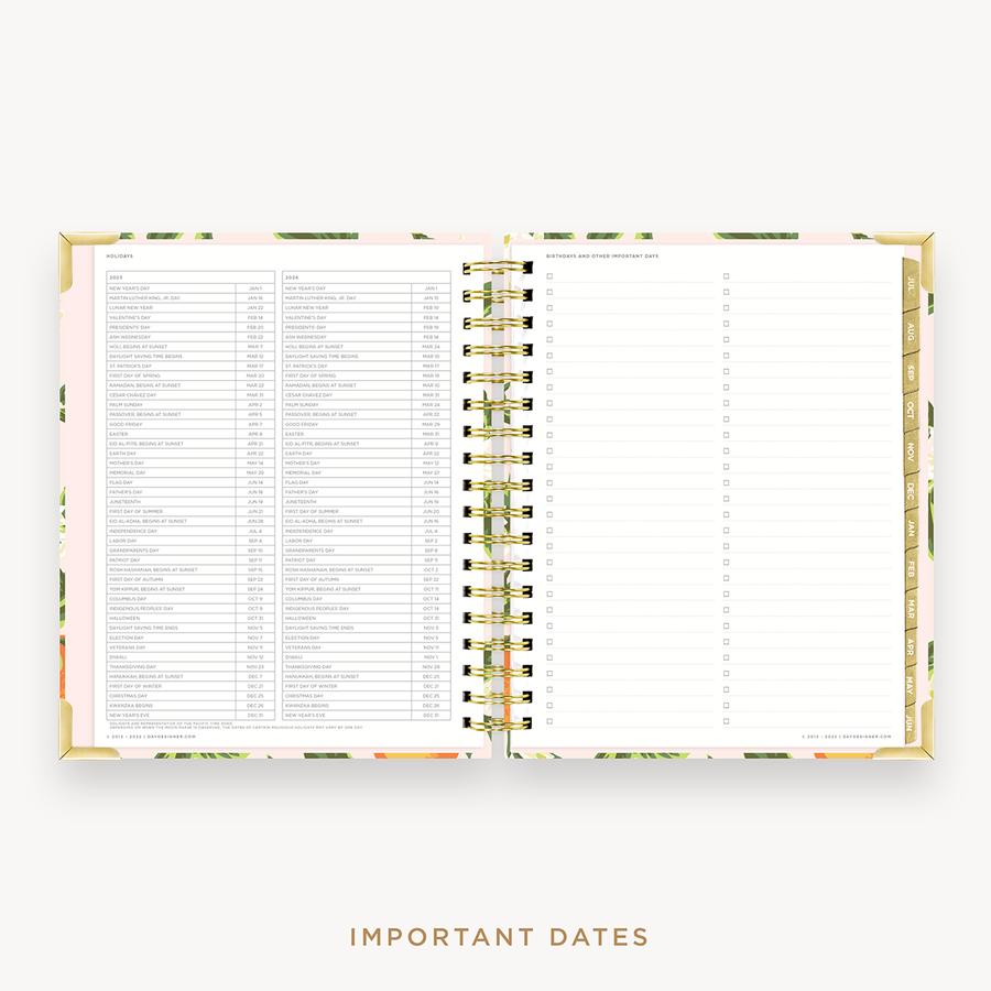 Day Designer's 2023-24 Weekly Planner Orange Blossom with dates for 2023-24 -2024 Holiday's and birthday tracker.