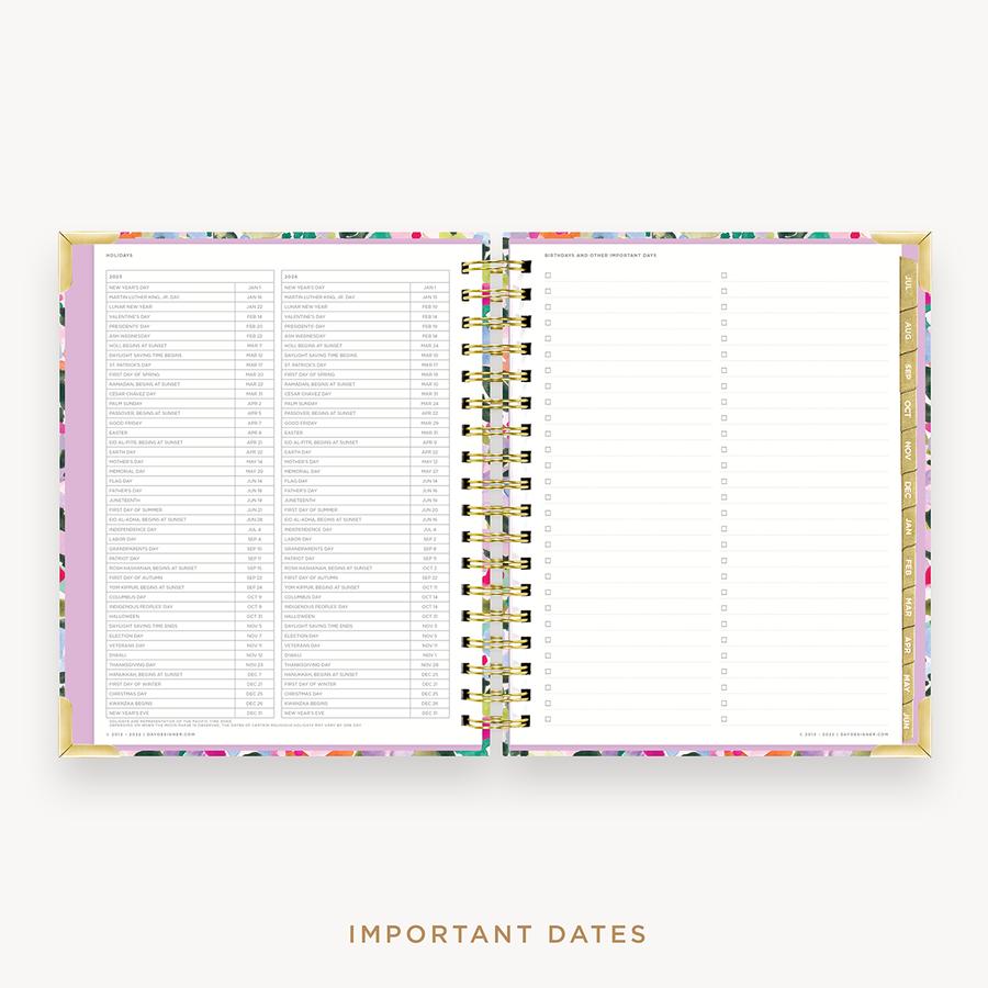 Day Designer's 2023 Weekly Planner Blurred Spring with dates for 2023-2024 Holiday's and birthday tracker.
