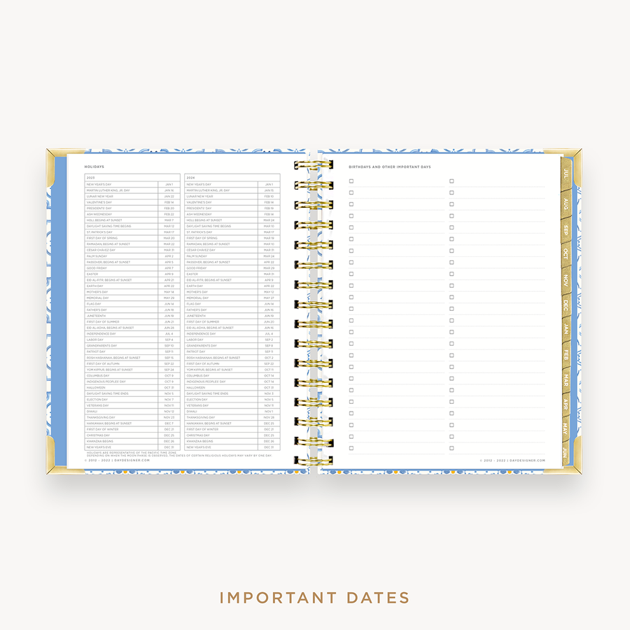 Day Designer's 2023 Weekly Mini Planner Casa Bella with dates for 2023-2024 Holiday's and birthday tracker.