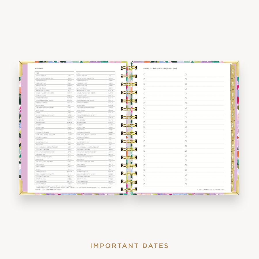 Day Designer's 2023 Weekly Mini Planner Blurred Spring with dates for 2023-2024 Holiday's and birthday tracker.