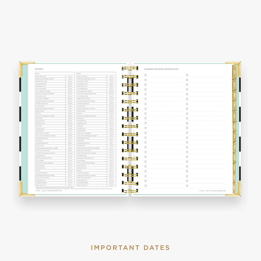 Day Designer's 2023 Weekly Mini Planner Black Stripe with dates for 2023-2024 Holiday's and birthday tracker.