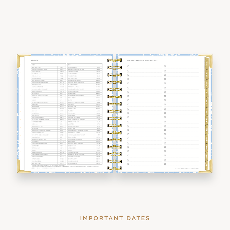 Day Designer's 2023 Daily Mini Planner Annabel with dates for 2023-2024 Holiday's and birthday tracker.