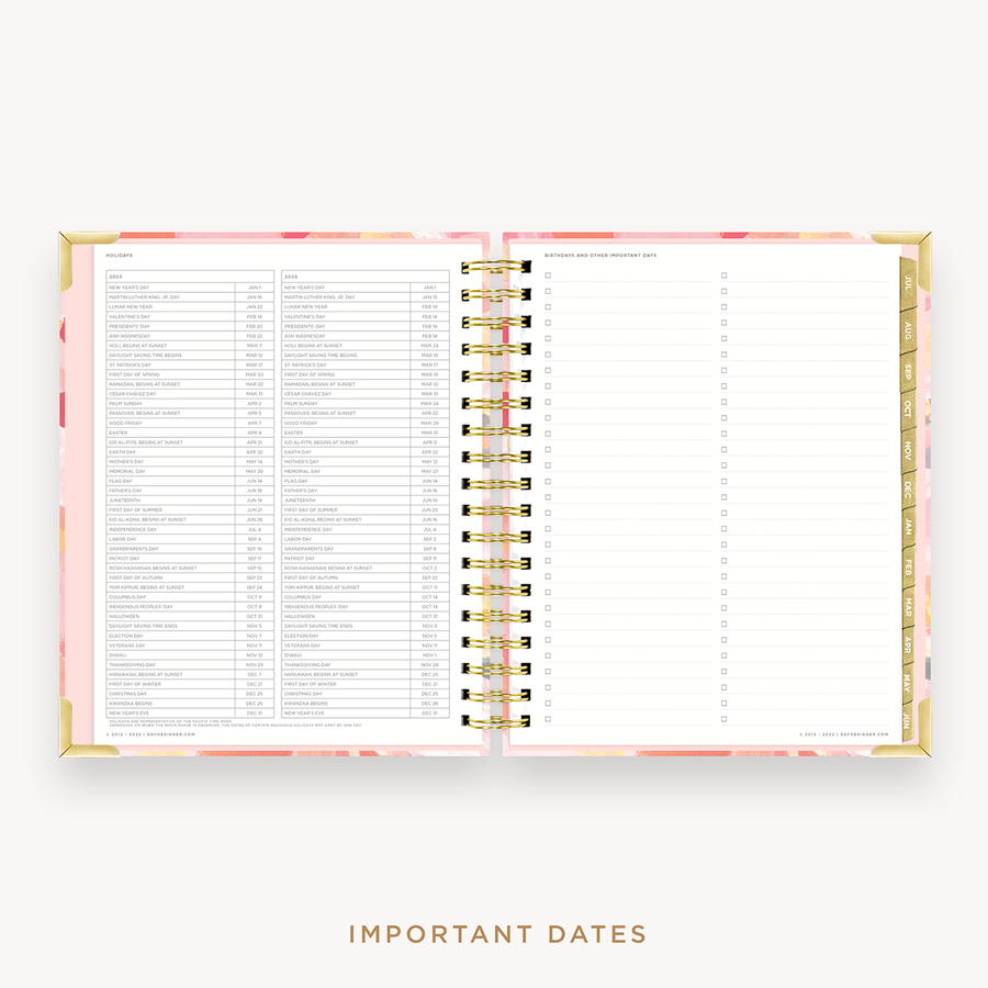 Day Designer's 2023 Weekly Planner Sunset with dates for 2023-2024 Holiday's and birthday tracker.