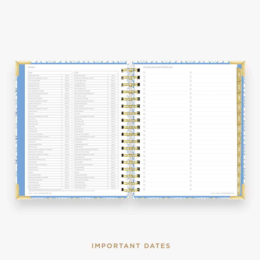 Day Designer's 2023 Weekly Planner Casa Bella with dates for 2023-2024 Holiday's and birthday tracker.