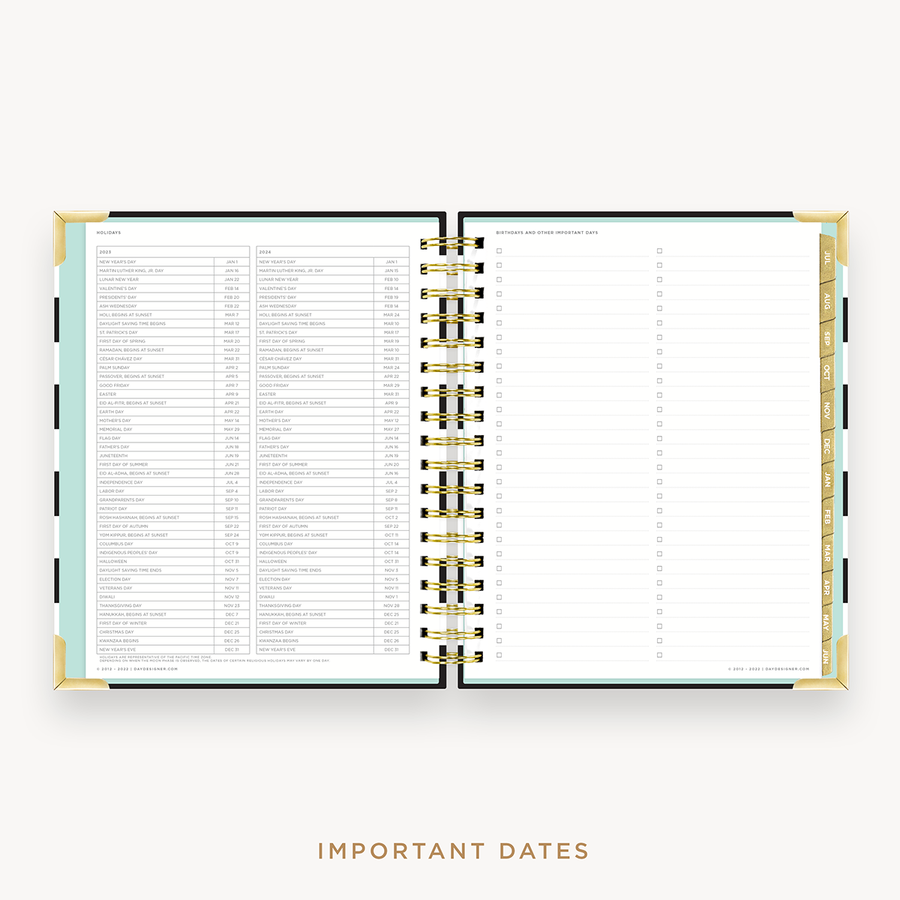 Day Designer's 2023 Weekly Planner Black Stripe with dates for 2023-2024 Holiday's and birthday tracker.