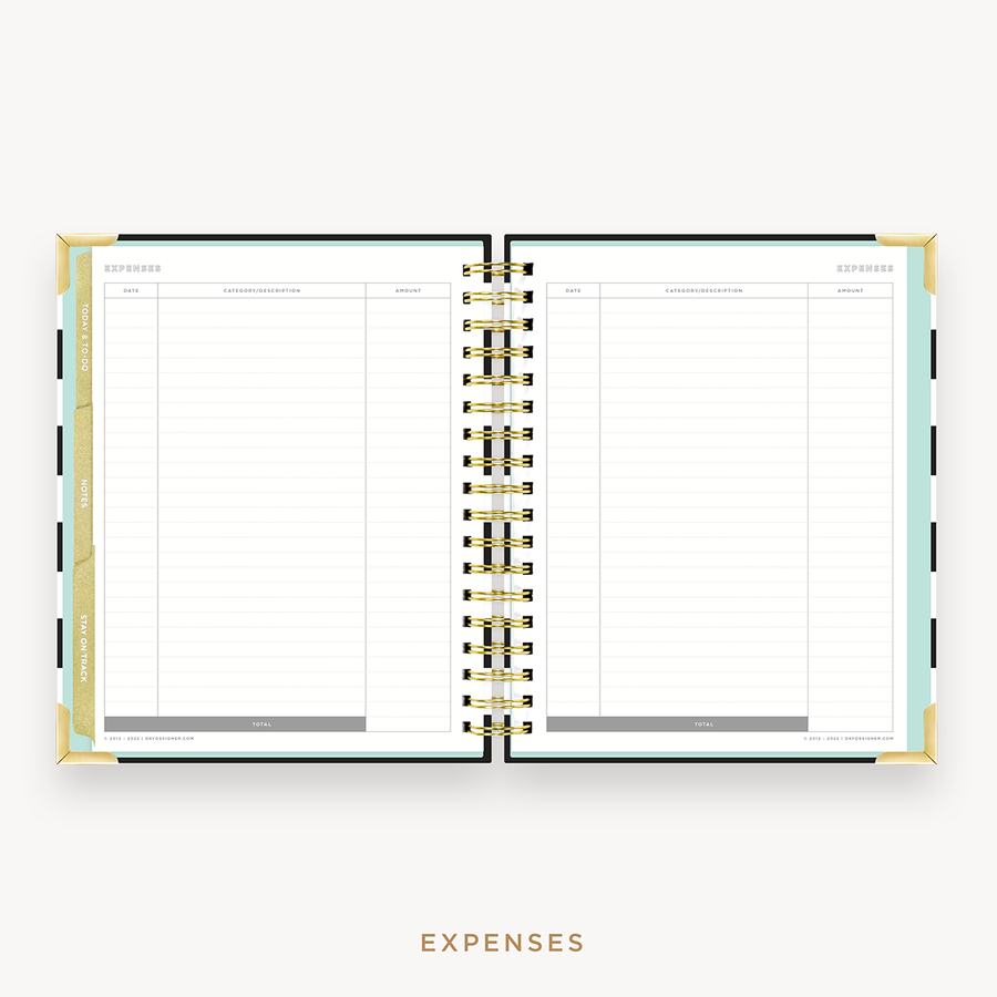 Day Designer's 2023 Weekly Planner Black Stripe with expense tracking page.